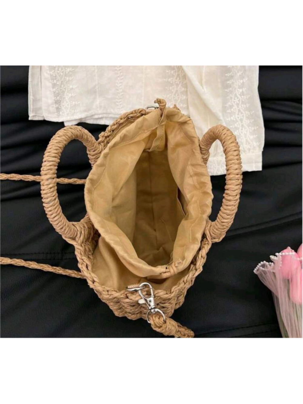 Tan Purse Straw Tote Bag Vacay Tote Shoulder Bag Light Brown Rattan Beach Purse - Picture 4 of 13